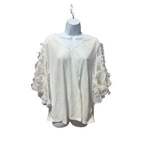AndTheWhy Womens Shirt Top Large white Stretch Flared Feather Sleeves Stretch
